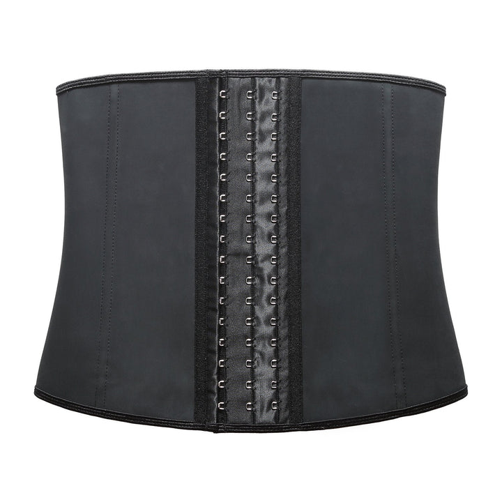 "Classic black women's latex waist trainer, firm control, front view, trims waistline for a flattering silhouette."