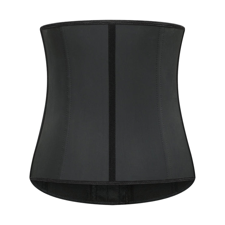 "Classic black women's latex waist trainer, firm control, front view, trims waistline for a flattering silhouette."