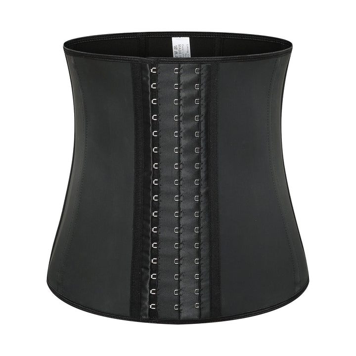 "Classic black women's latex waist trainer, firm control, front view, trims waistline for a flattering silhouette."