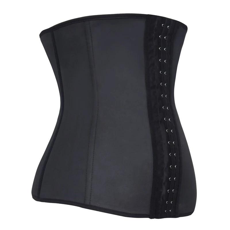 "Classic black women's latex waist trainer, firm control, front view, trims waistline for a flattering silhouette."