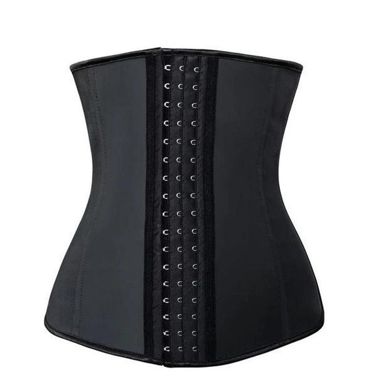 "Classic black women's latex waist trainer, firm control, front view, trims waistline for a flattering silhouette."