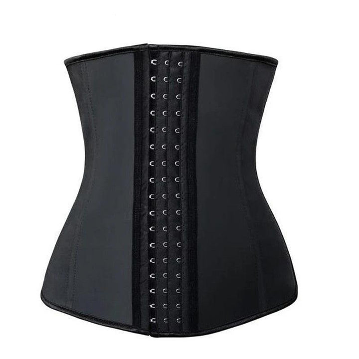 "Classic black women's latex waist trainer, firm control, front view, trims waistline for a flattering silhouette."