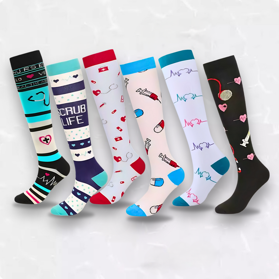 "Colorful compression socks for nurses with medical patterns featuring stethoscopes and syringes, boosting leg comfort."