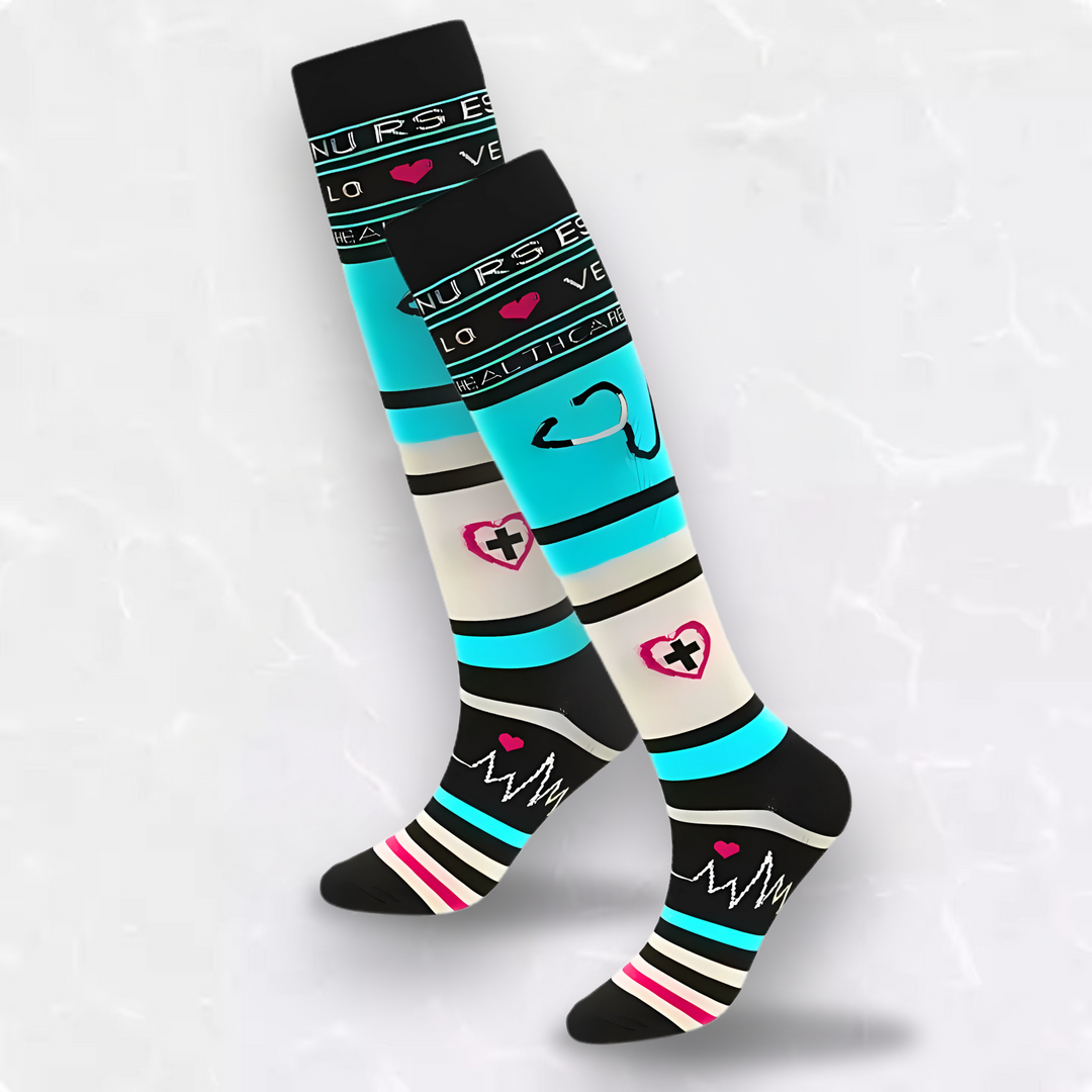 "Colorful compression socks for nurses with medical patterns featuring stethoscopes and syringes, boosting leg comfort."