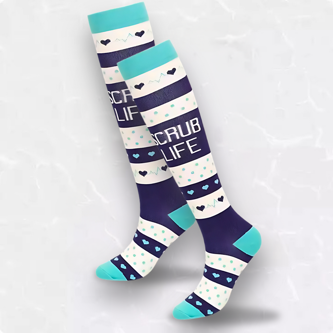 "Colorful compression socks for nurses with medical patterns featuring stethoscopes and syringes, boosting leg comfort."