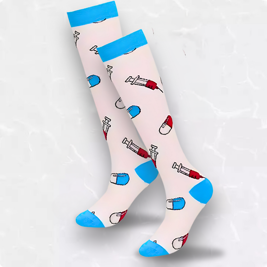 "Colorful compression socks for nurses with medical patterns featuring stethoscopes and syringes, boosting leg comfort."