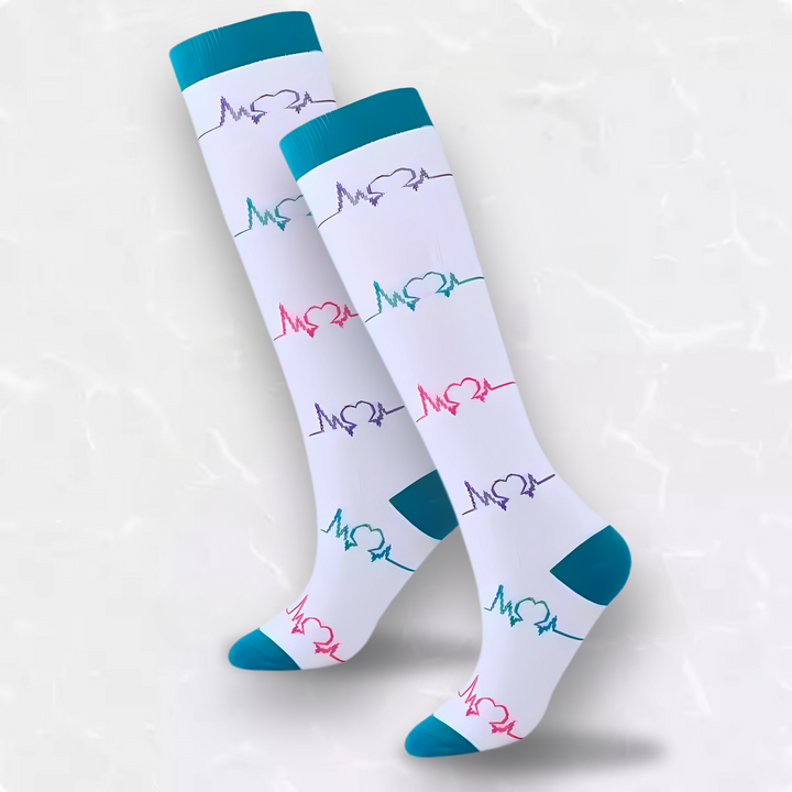 "Colorful compression socks for nurses with medical patterns featuring stethoscopes and syringes, boosting leg comfort."