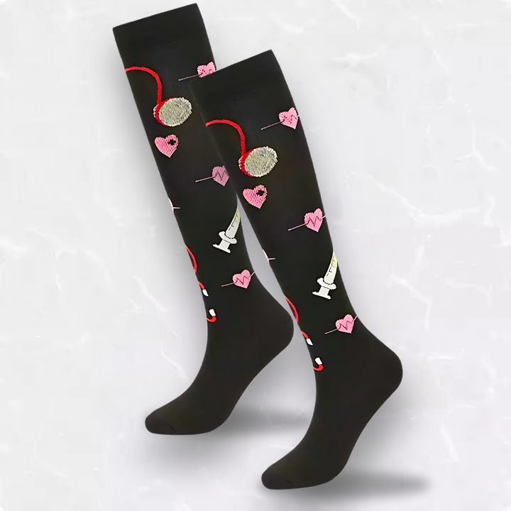 "Colorful compression socks for nurses with medical patterns featuring stethoscopes and syringes, boosting leg comfort."