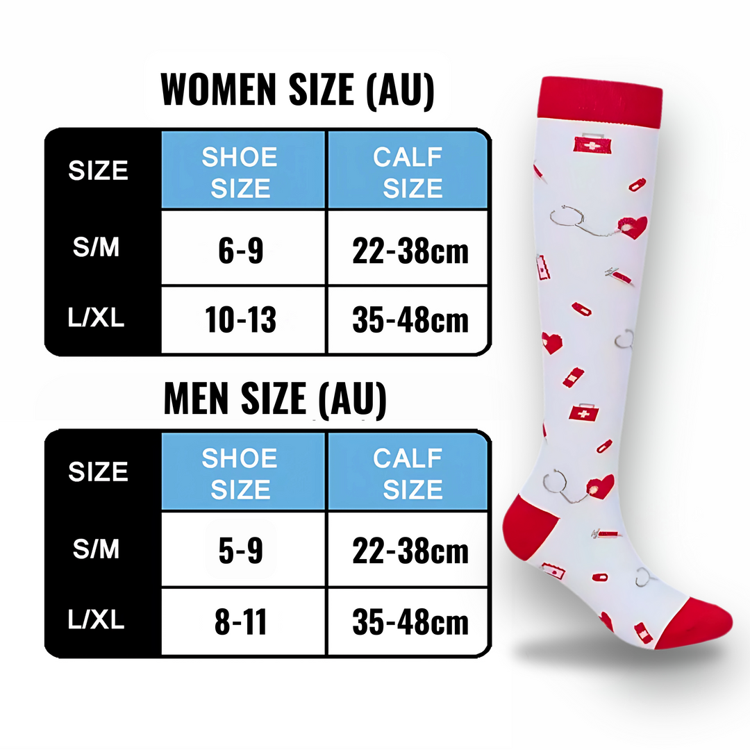 "Colorful compression socks for nurses with medical patterns featuring stethoscopes and syringes, boosting leg comfort."