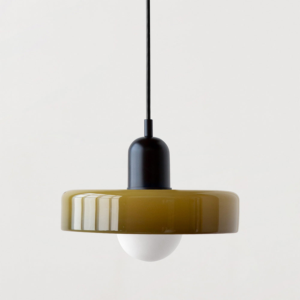 "Colourful glass pendant lamp in Bauhaus style featuring red, green, pink, and yellow stained glass for artistic decor."