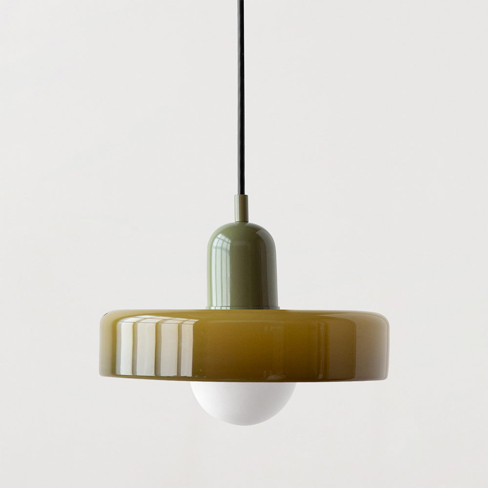 "Colourful glass pendant lamp in Bauhaus style featuring red, green, pink, and yellow stained glass for artistic decor."