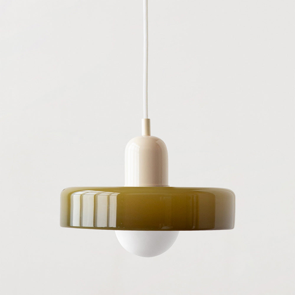 "Colourful glass pendant lamp in Bauhaus style featuring red, green, pink, and yellow stained glass for artistic decor."