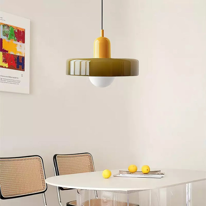 "Colourful glass pendant lamp in Bauhaus style featuring red, green, pink, and yellow stained glass for artistic decor."