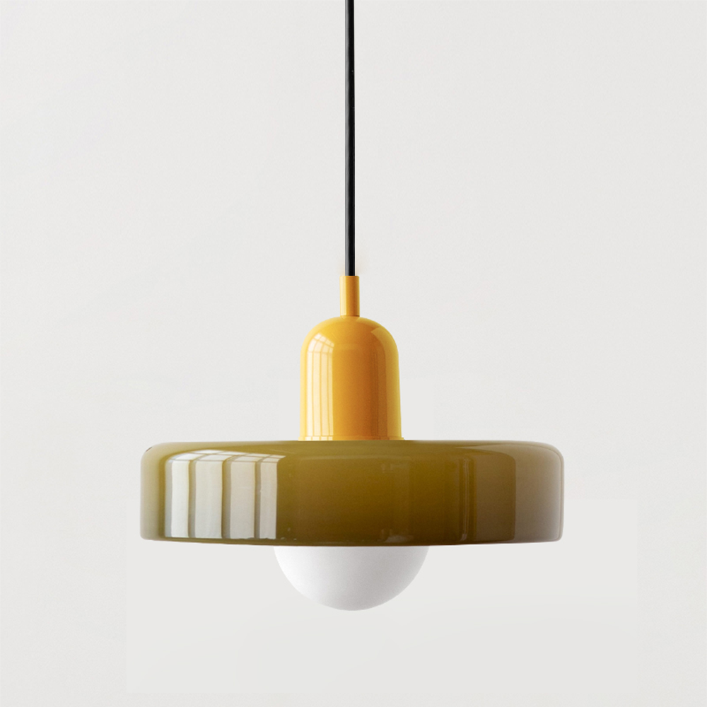 "Colourful glass pendant lamp in Bauhaus style featuring red, green, pink, and yellow stained glass for artistic decor."
