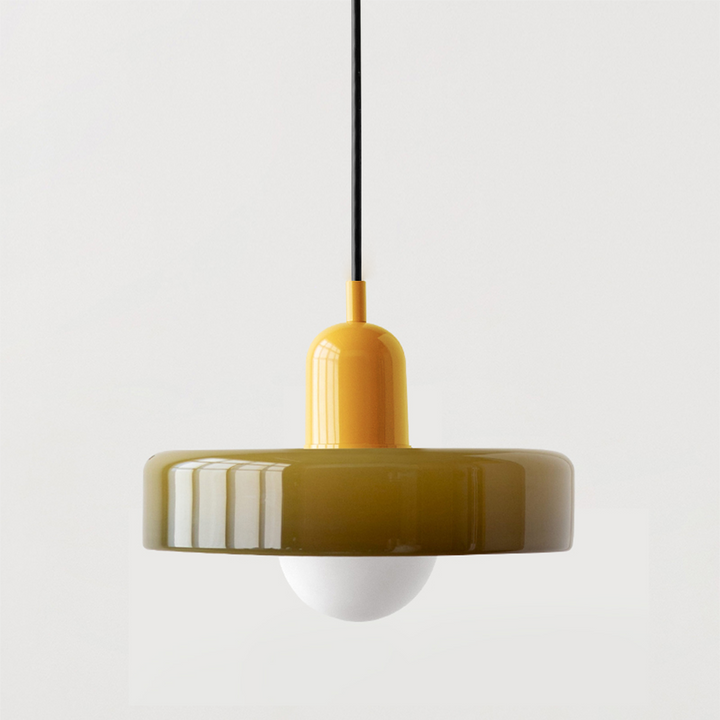 "Colourful glass pendant lamp in Bauhaus style featuring red, green, pink, and yellow stained glass for artistic decor."