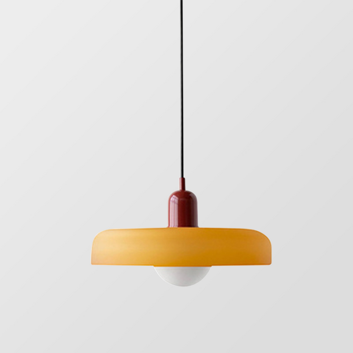 "Colourful glass pendant lamp in Bauhaus style featuring red, green, pink, and yellow stained glass for artistic decor."