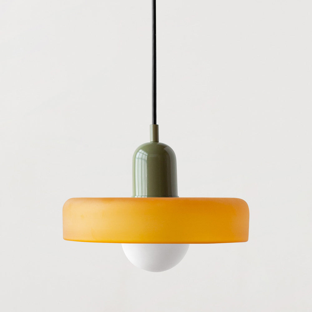 "Colourful glass pendant lamp in Bauhaus style featuring red, green, pink, and yellow stained glass for artistic decor."