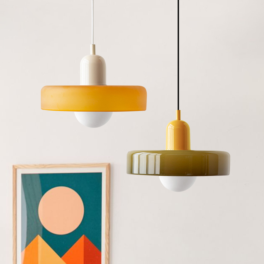 "Colourful glass pendant lamp in Bauhaus style featuring red, green, pink, and yellow stained glass for artistic decor."