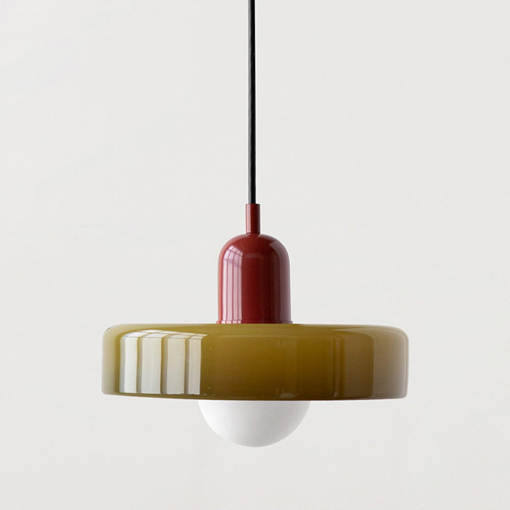 "Colourful glass pendant lamp in Bauhaus style featuring red, green, pink, and yellow stained glass for artistic decor."