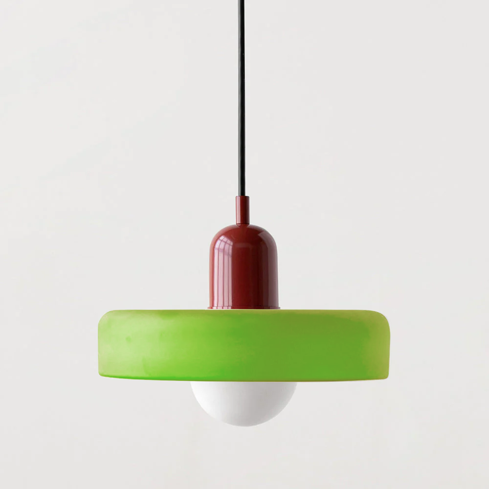 "Colourful glass pendant lamp in Bauhaus style featuring red, green, pink, and yellow stained glass for artistic decor."