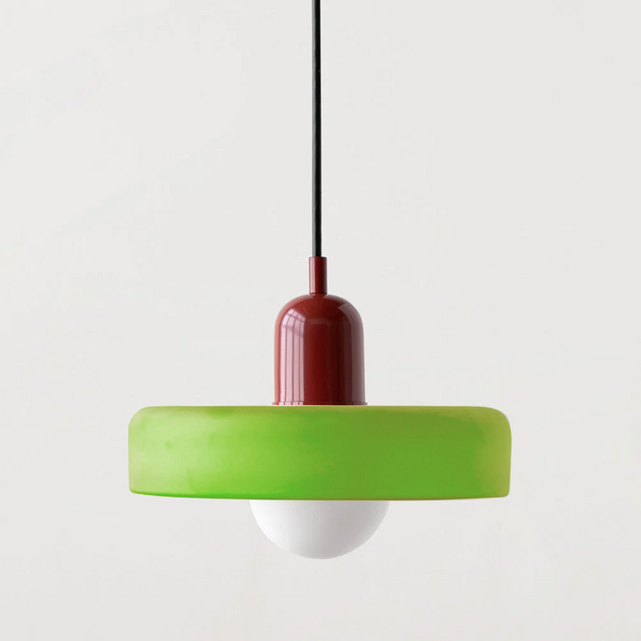 "Colourful glass pendant lamp in Bauhaus style featuring red, green, pink, and yellow stained glass for artistic decor."