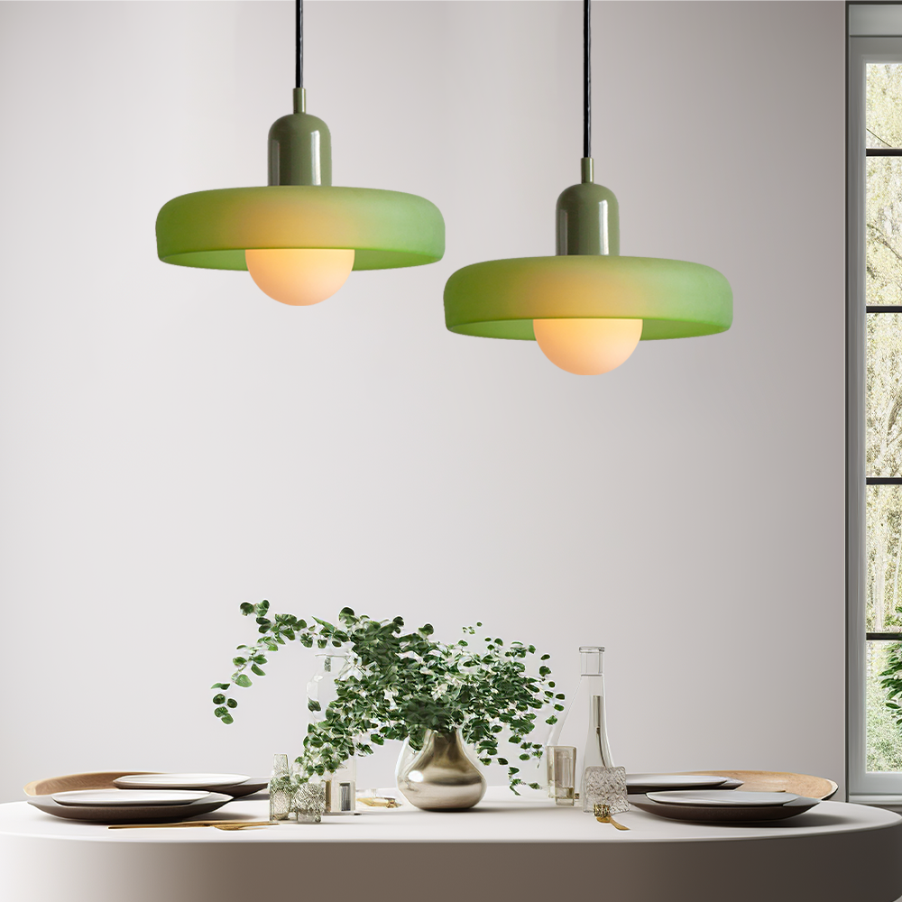 "Colourful glass pendant lamp in Bauhaus style featuring red, green, pink, and yellow stained glass for artistic decor."