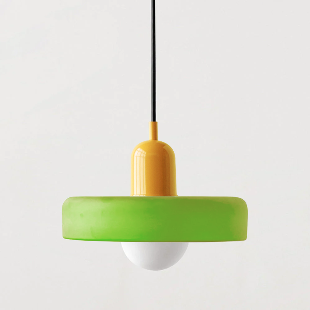 "Colourful glass pendant lamp in Bauhaus style featuring red, green, pink, and yellow stained glass for artistic decor."