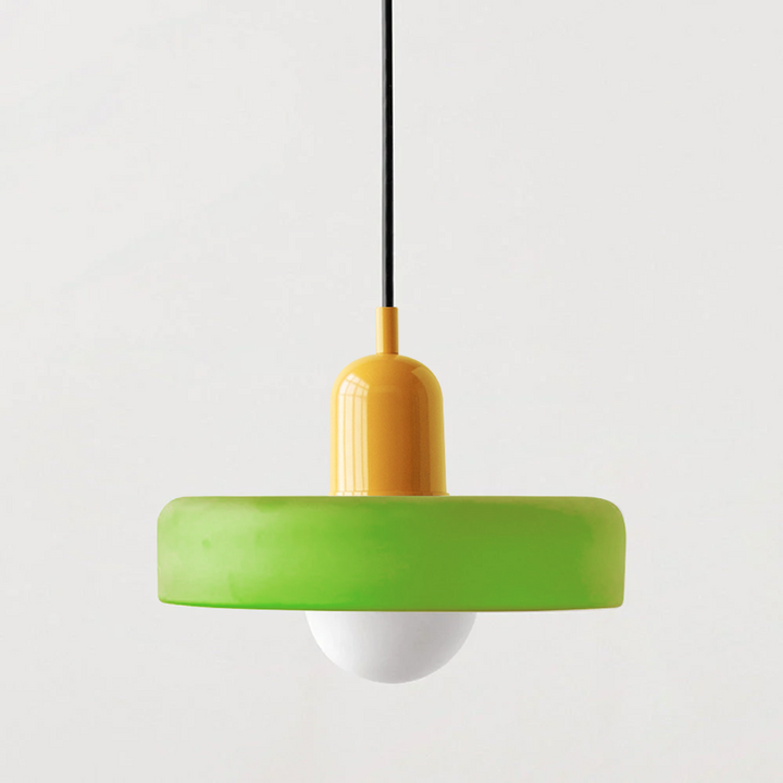 "Colourful glass pendant lamp in Bauhaus style featuring red, green, pink, and yellow stained glass for artistic decor."