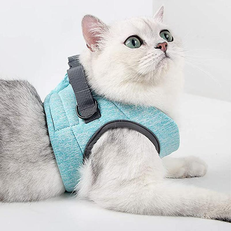 "Comfortable cat harness with lead, anti-escape design, adjustable straps, front view, for safe outdoor adventures."