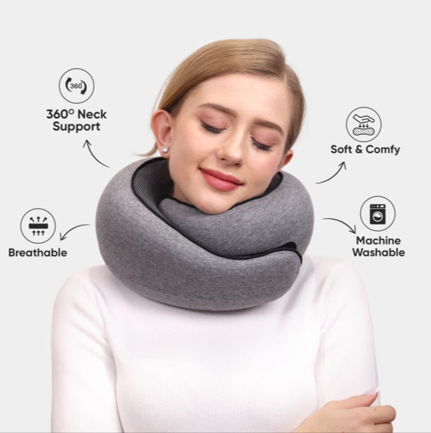 Comfortable travel neck pillow in black, breathable fabric, ergonomic design for neck support, lightweight and portable.