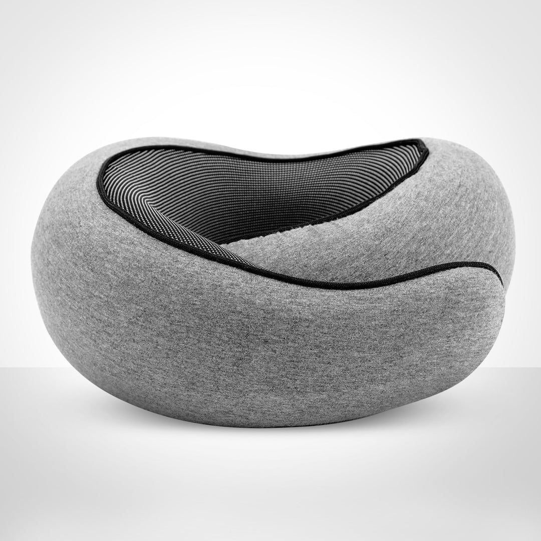 Comfortable travel neck pillow in black, breathable fabric, ergonomic design for neck support, lightweight and portable.