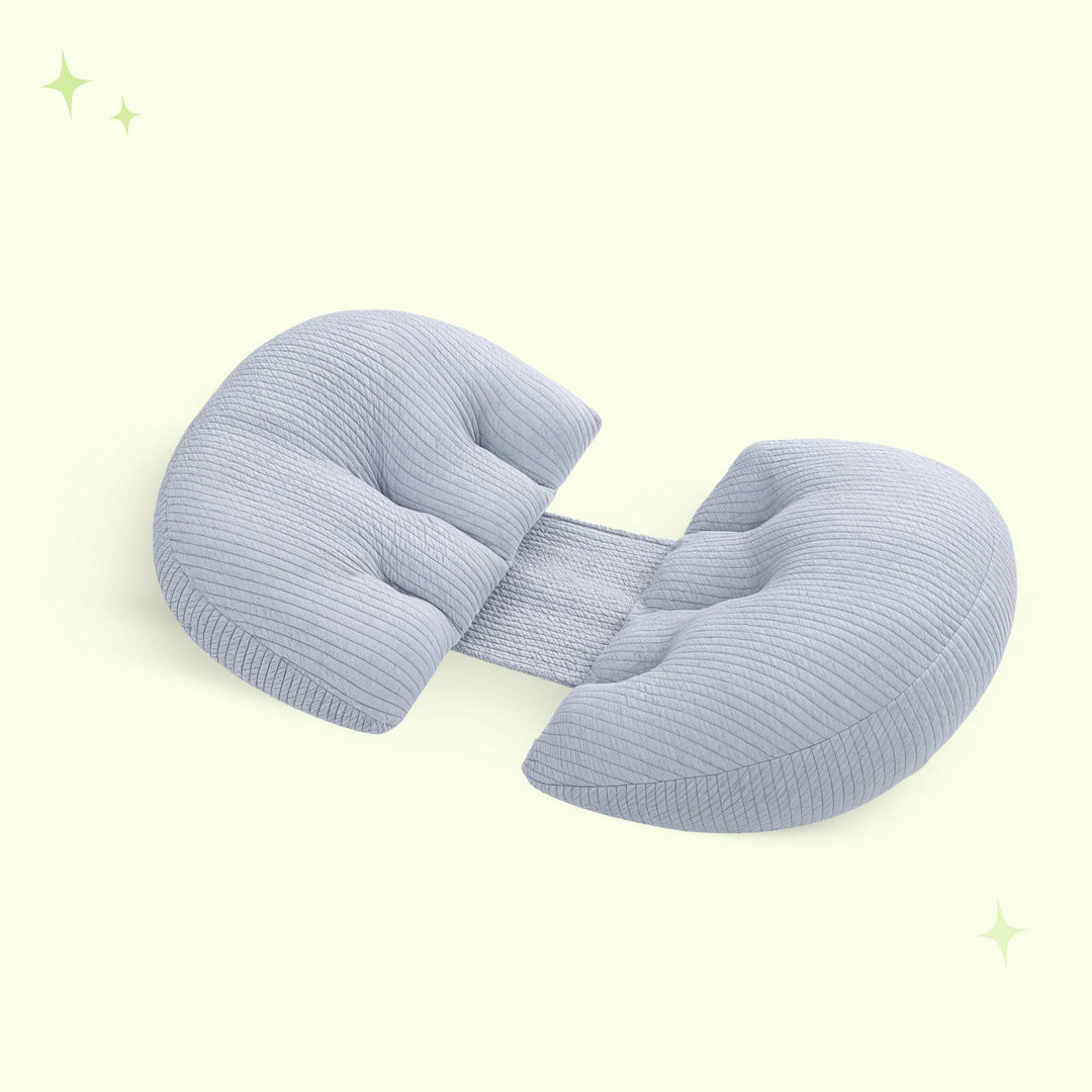 "Comfy maternity side sleeping support pillow for pregnant women, ergonomic design, gray color, enhances comfort and support.