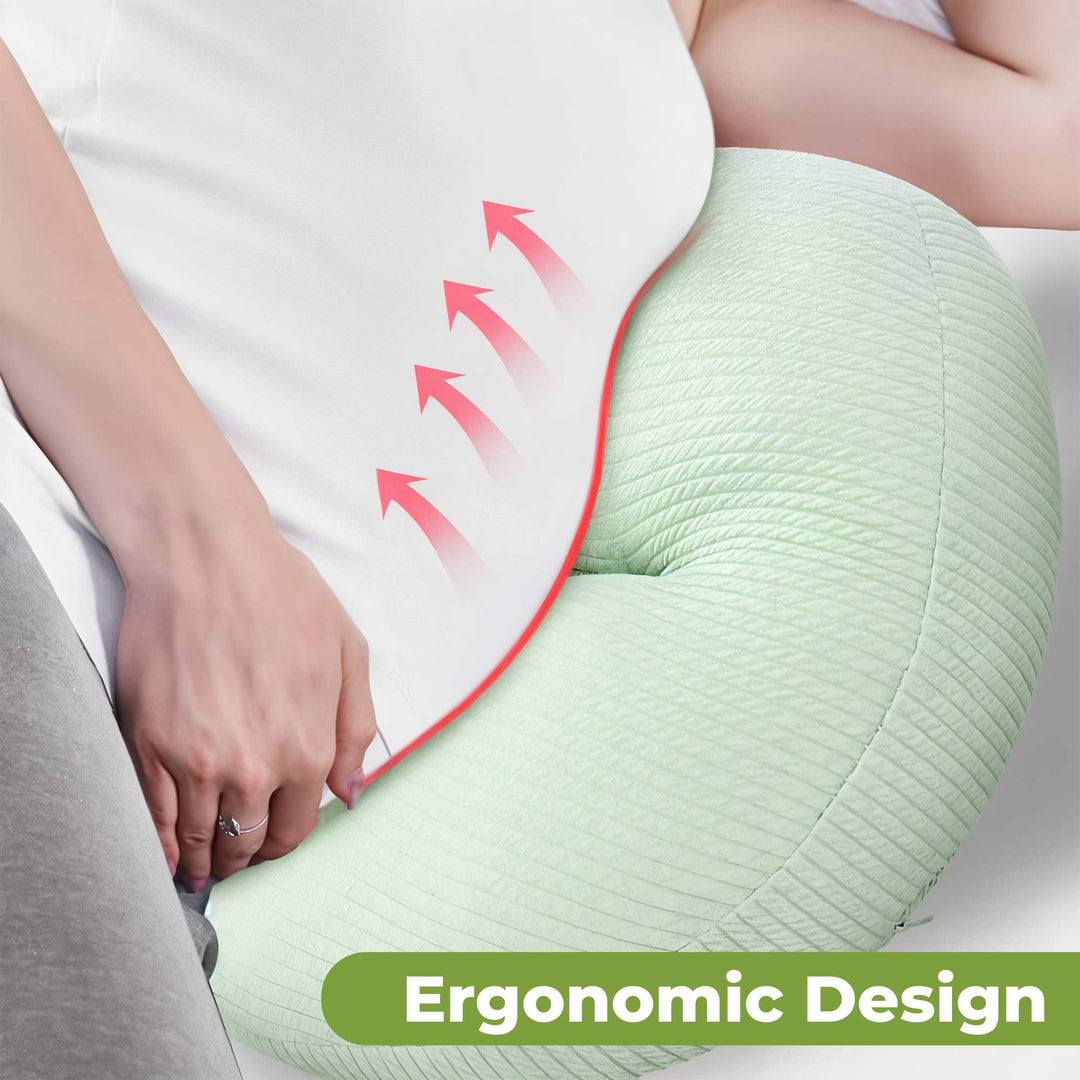 "Comfy maternity side sleeping support pillow for pregnant women, ergonomic design, gray color, enhances comfort and support.