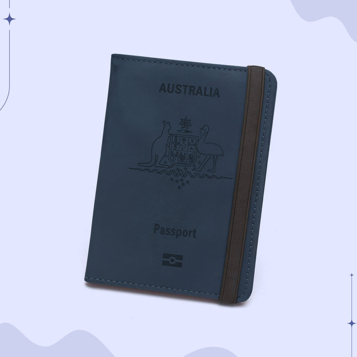 Compact Australian passport wallet in eco-friendly PU leather with organized compartments for travel essentials.