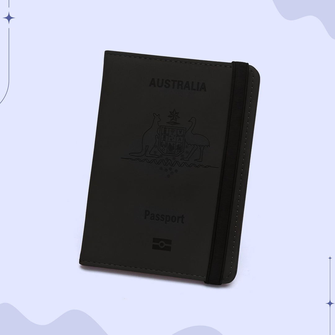 Compact Australian passport wallet in eco-friendly PU leather with organized compartments for travel essentials.