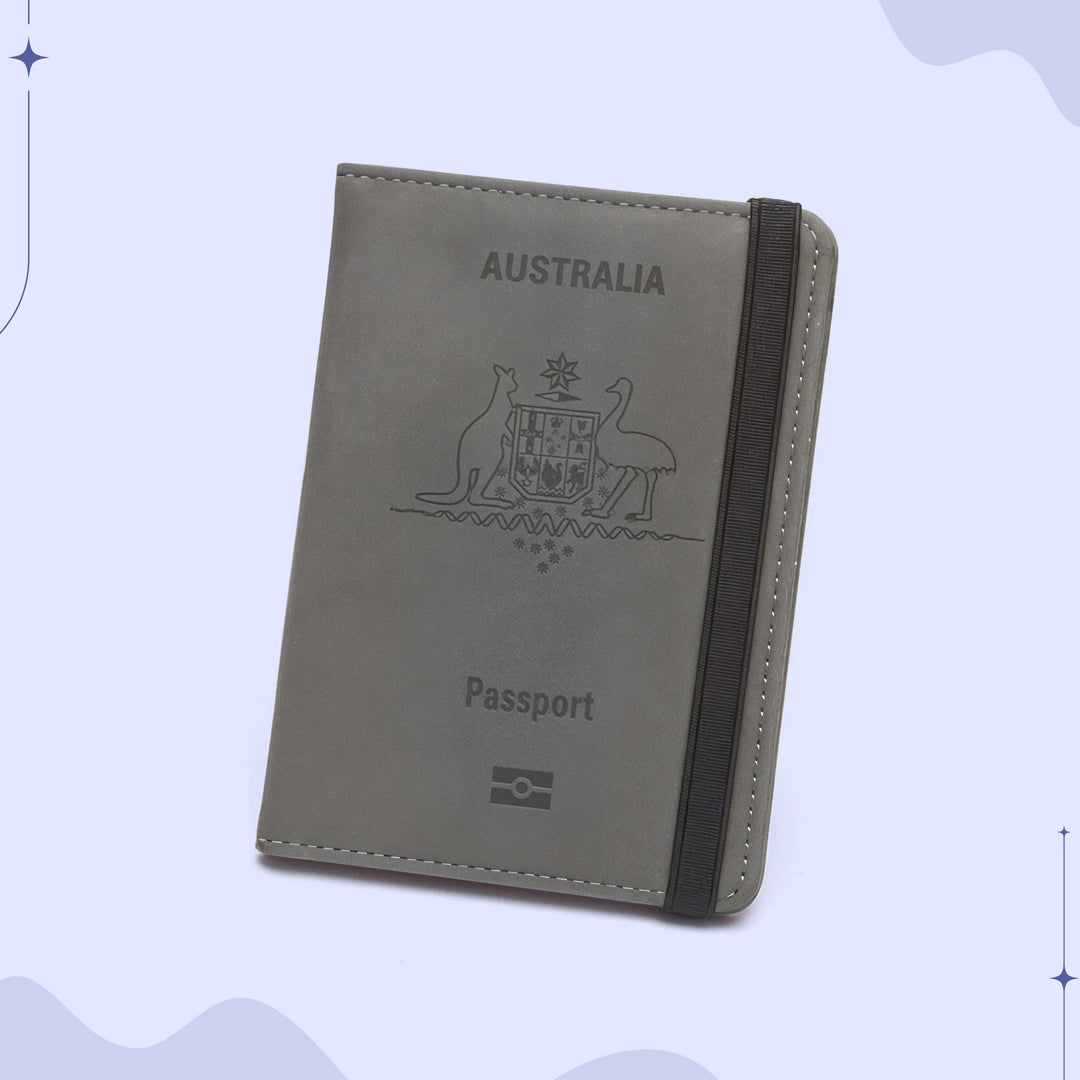 Compact Australian passport wallet in eco-friendly PU leather with organized compartments for travel essentials.