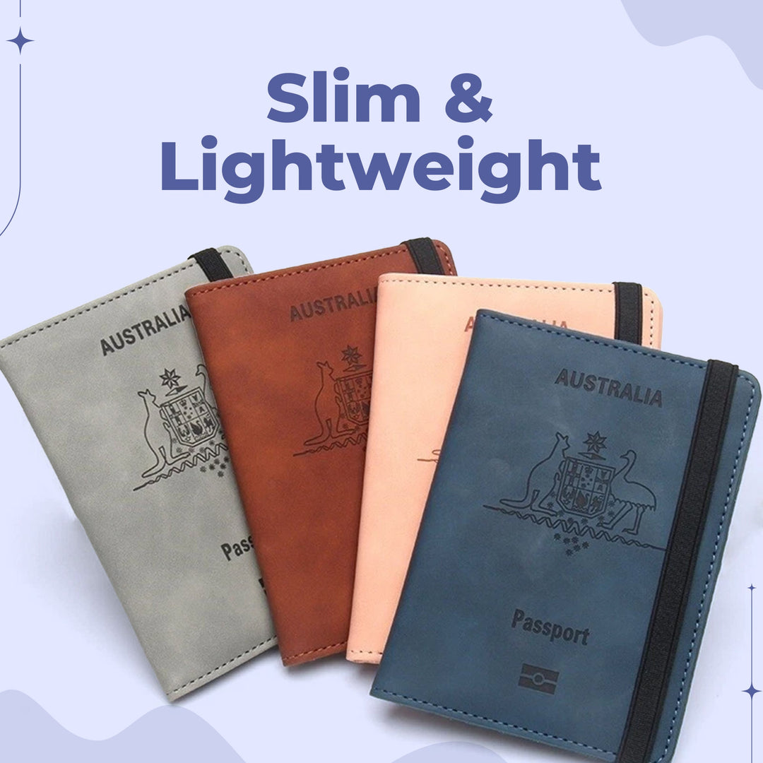 Compact Australian passport wallet in eco-friendly PU leather with organized compartments for travel essentials.