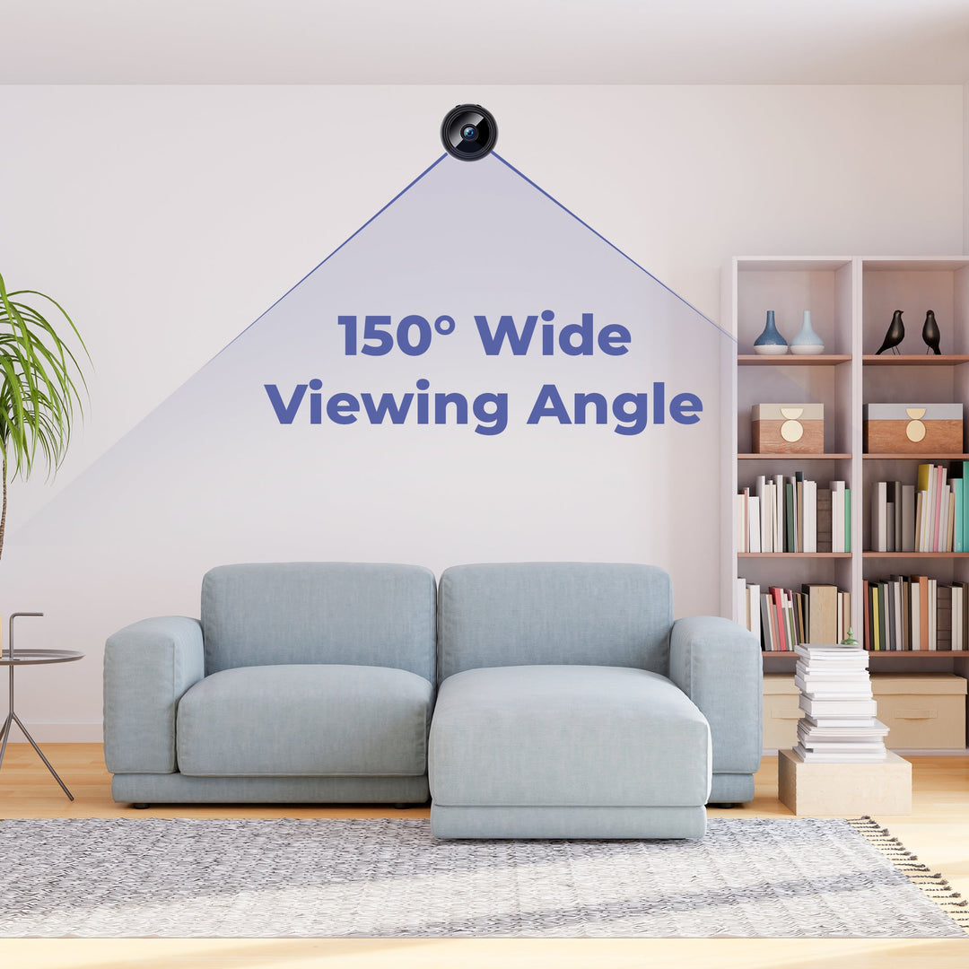 "Compact black wireless indoor security camera with 360° view, ideal for home safety. Captures 1080P HD video, WiFi-enabled."