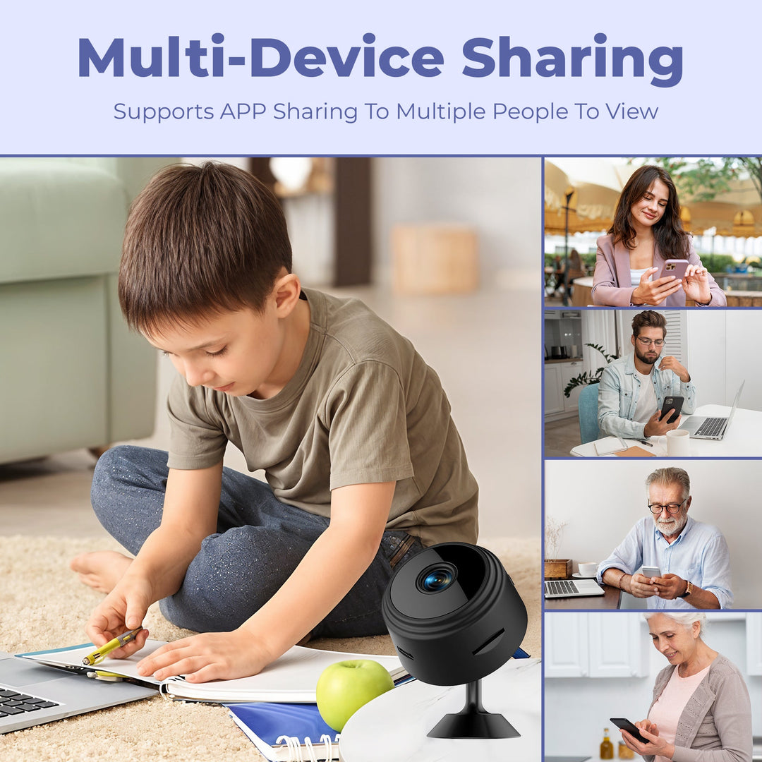 "Compact black wireless indoor security camera with 360° view, ideal for home safety. Captures 1080P HD video, WiFi-enabled."