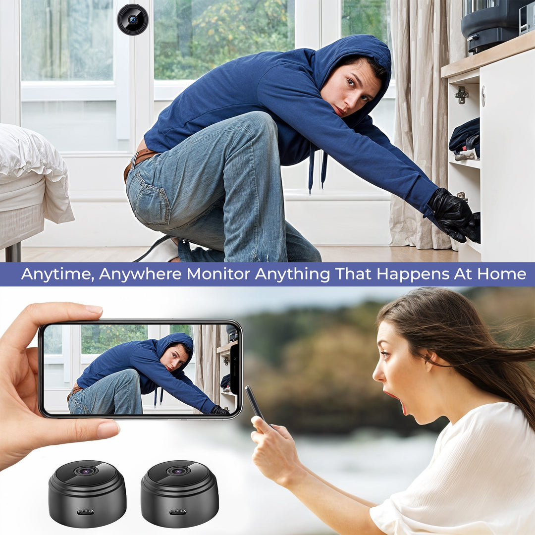 "Compact black wireless indoor security camera with 360° view, ideal for home safety. Captures 1080P HD video, WiFi-enabled."