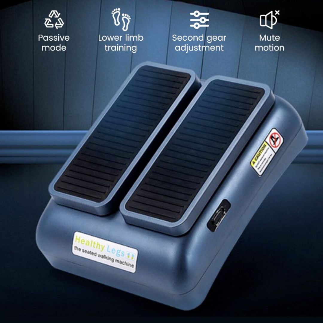 "Compact leg exerciser with massage features, two speeds, and non-slip pedals; ideal for home or office health and wellness."