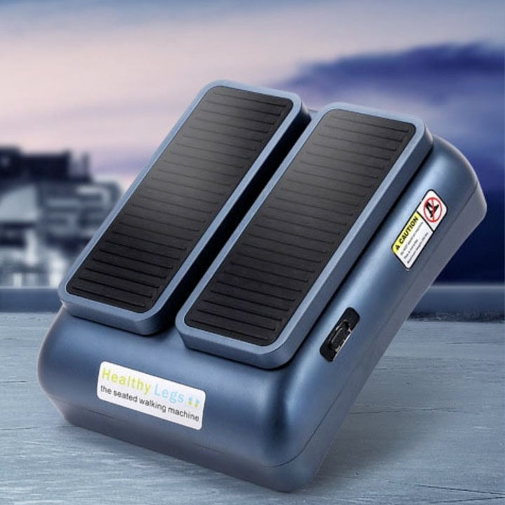 "Compact leg exerciser with massage features, two speeds, and non-slip pedals; ideal for home or office health and wellness."