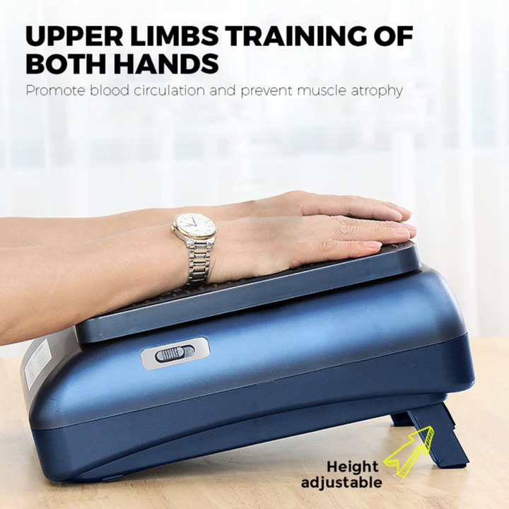 "Compact leg exerciser with massage features, two speeds, and non-slip pedals; ideal for home or office health and wellness."