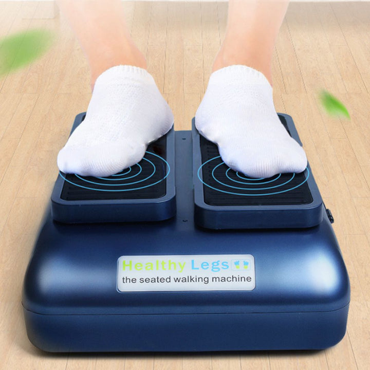 "Compact leg exerciser with massage features, two speeds, and non-slip pedals; ideal for home or office health and wellness."