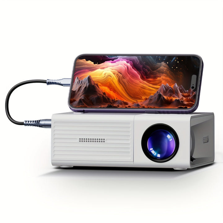"Compact portable mini projector with 3000 lumens, ideal for vibrant indoor and outdoor cinema experiences, features USB, HDM