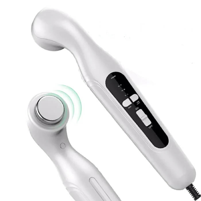 "Compact ultrasonic therapy machine for pain relief with sleek design, offering targeted comfort and muscle stimulation."