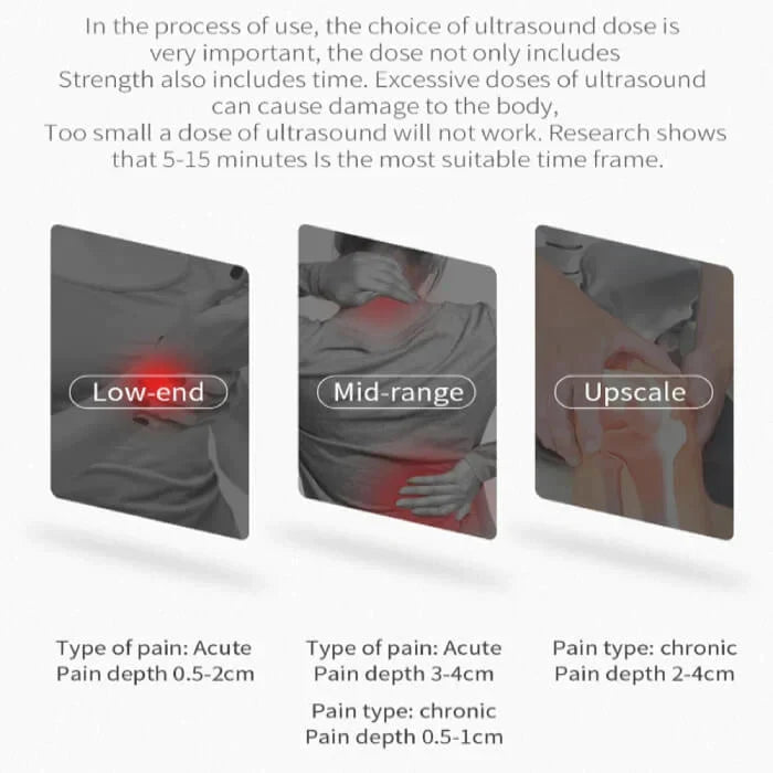 "Compact ultrasonic therapy machine for pain relief with sleek design, offering targeted comfort and muscle stimulation."