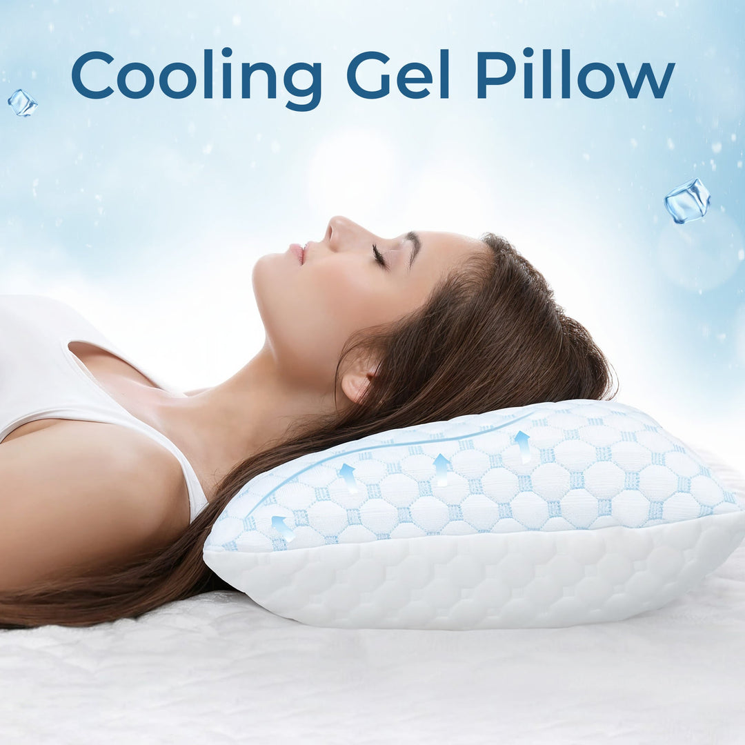 Cooling gel pillow with blue gel layer, ergonomic design, 76x50cm for hot sleepers and back relief, ideal for night sweats.