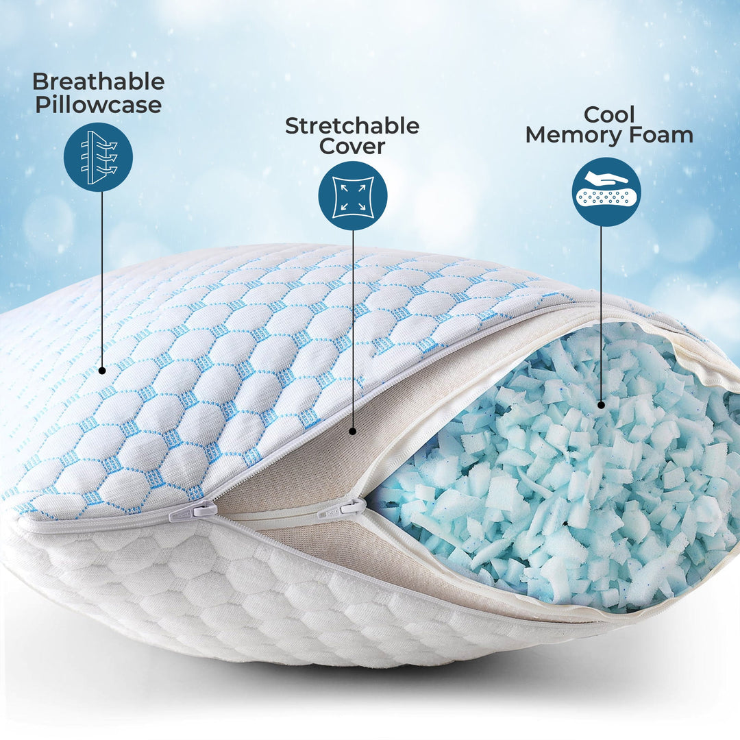 Cooling gel pillow with blue gel layer, ergonomic design, 76x50cm for hot sleepers and back relief, ideal for night sweats.