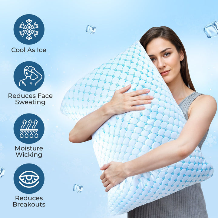 Cooling gel pillow with blue gel layer, ergonomic design, 76x50cm for hot sleepers and back relief, ideal for night sweats.